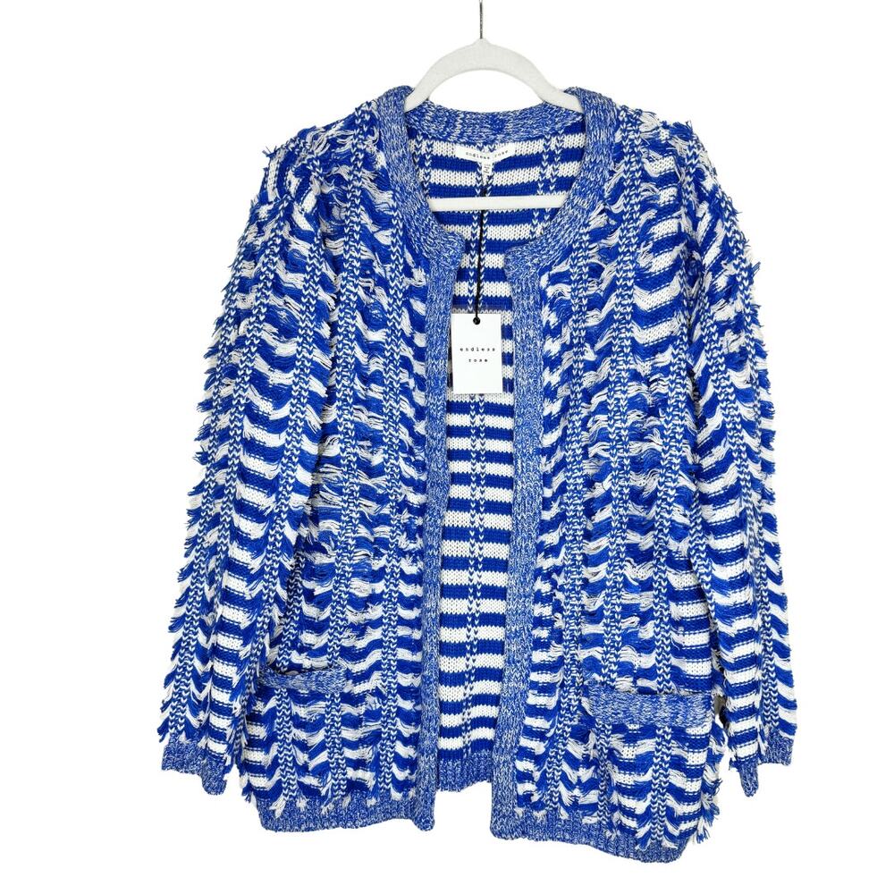 Endless Rose Open Front Striped Fringe Cardigan Sweater Small Medium Blue White